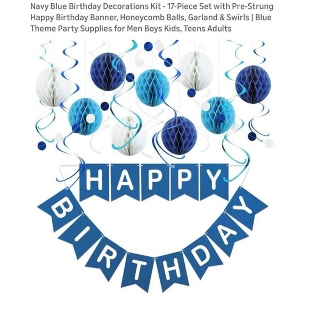 NEW‎ 17-piece navy blue and white Happy Birthday party decorations.
